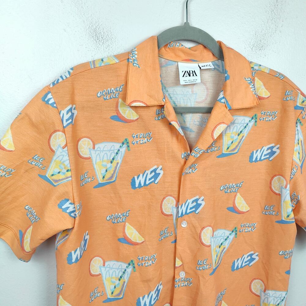 ZARA Wes Robinson Button Down Shirt Mens Small Orange Party AOP Camp - Picture 2 of 5
